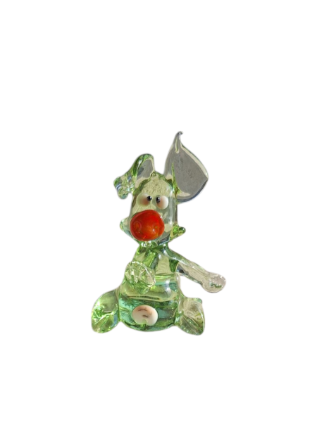 Handgefertigte Glasfigur Schwein in Grün mit roter Nase