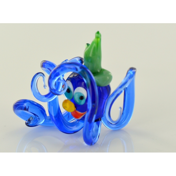 Blauer Oktopus mit Hut - Figur aus Glas Glasfigur Krake - Glastier