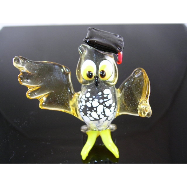 Eule mit Hut - Glastier Vogel Glas Figur Setzkasten Glücksbringer Vitrine
