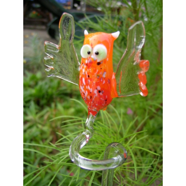 Eule orange-Orchideenstab-Blumenstab-Rankhilfe-u-3 aus Glas mit Figur - handgeformt Deko Garten