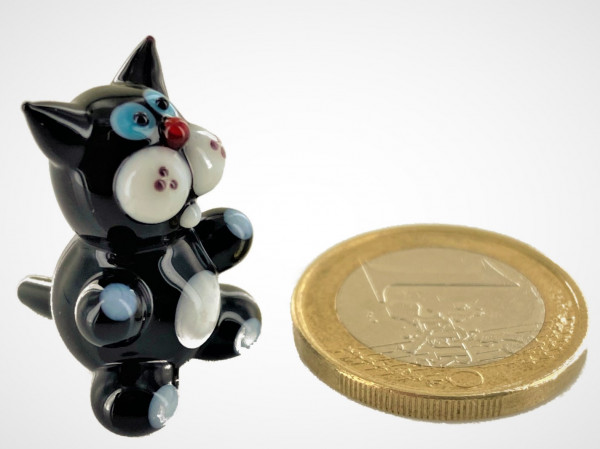 Katze Schwarz mit blauen Knopfaugen - Miniatur Figur aus Glas - Deko Setzkasten Vitrine Glücksbringe