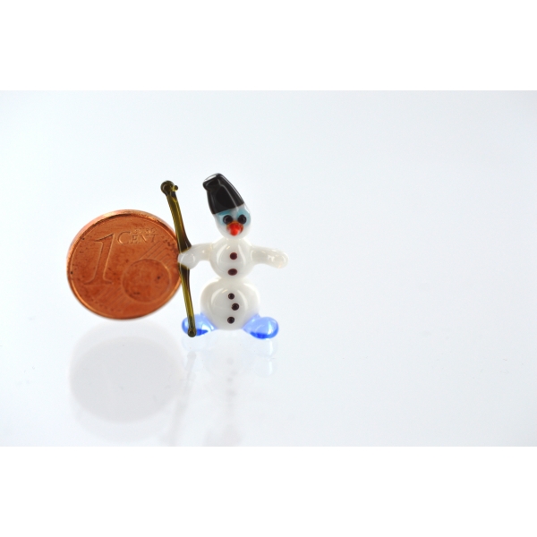 Schneemann Miniatur 1 mit Stock und Hut - Miniatur Glas Figur Glücksbringer Deko Setzkasten