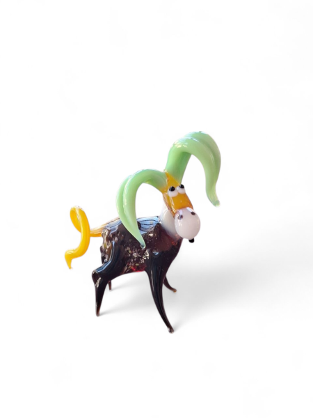 Handgefertigtes Glastier - Fantasie - Widder - Bunte Glasfigur mit grünen Hörnern