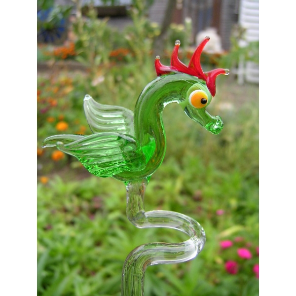 Drache grün Orchideenstab mit Figur Glas Rankhilfe 43cm Blumenstab