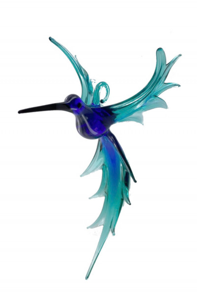 Kolibri Hängend - Blau Eisblau- Glas Figur Vogel Flug made in Germany - Dekoration Glasfigur