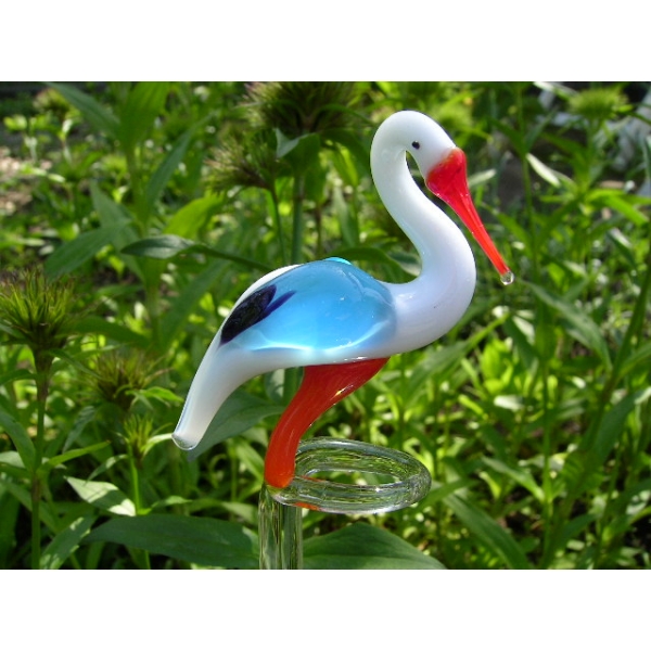 Storch Weiß Blau Orchideenstab - Rankhilfe Blütenstütze aus Glas Mit Figur - Vogel Deko Garten Blume