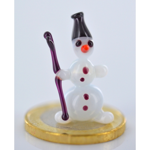 Schneemann mit Stock und Hut - Miniatur Glasfigur - Mini Figur aus Glas - Deko Setzkasten Vitrine Sa