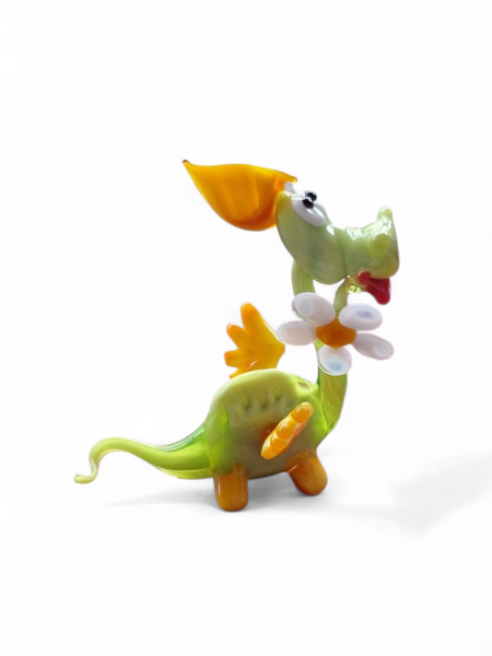 Handgefertigter Glasdrache mit Blume - Figur aus Glas / Buntes Drachen - Dekoobjekt